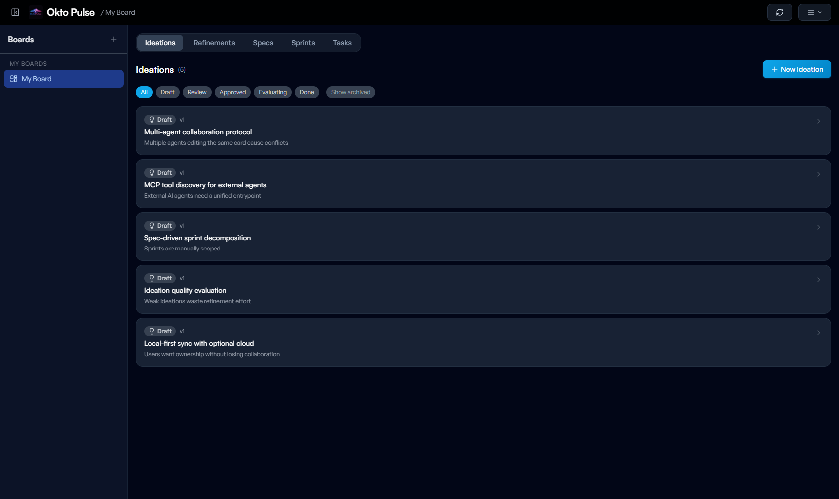 Ideations tab with five draft items