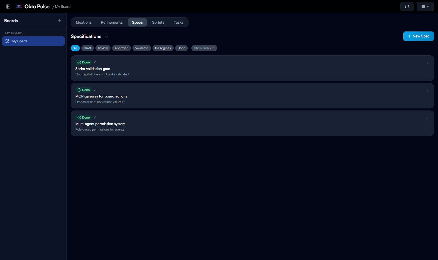 Specs tab with three done specifications