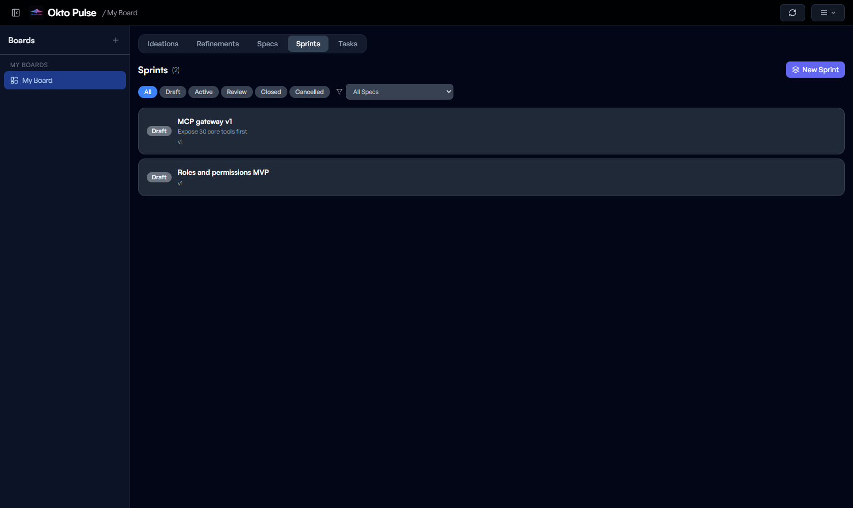 Sprints tab with two draft sprints