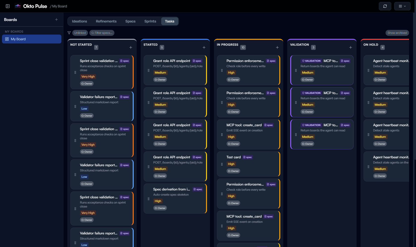 Okto Pulse kanban board with columns Not Started, Started, In Progress, Validation, and On Hold