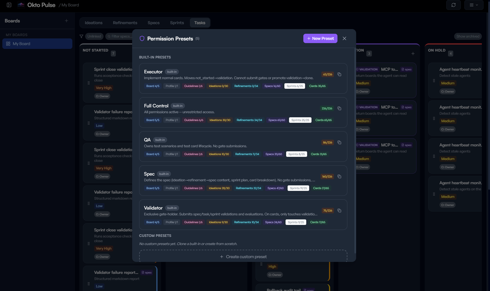 Permission Presets panel inside Okto Pulse showing the five built-in roles and their permissions